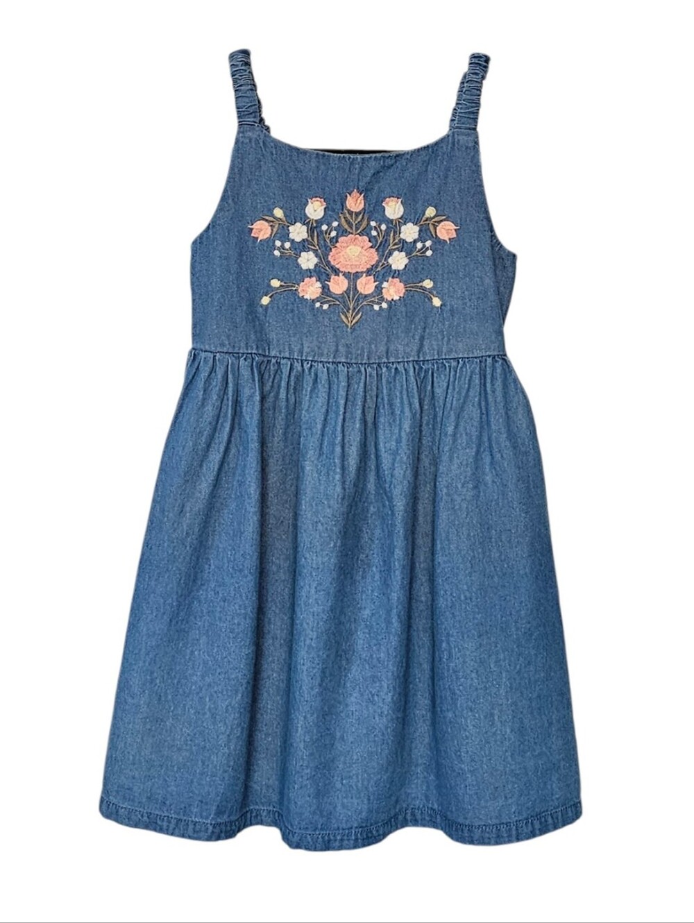 Kaisely Blue Denim Pinnafore Dress Stretchy Straps Embroidered Florals girls 7